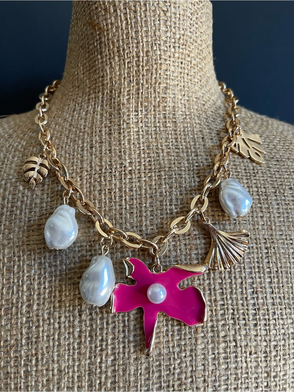 Gold Chain Charm Necklace with Pink Enamel Flower and Pearl Accents